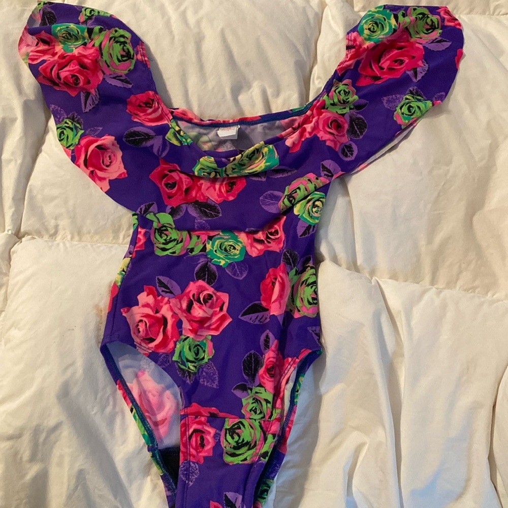 Ruby Love one piece maillot purple & pink floral Swimsuit Size XXS off shoulder